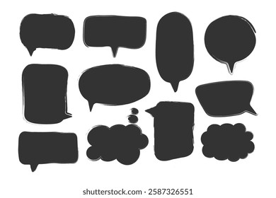 Black speech bubbles with textured dry brush edges. Hand drawn text boxes set.