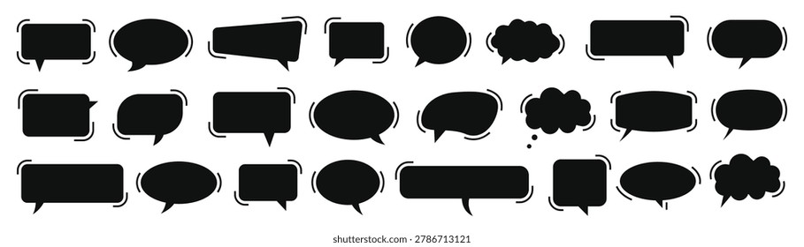 Black speech bubbles and thought clouds with outline effects on white background