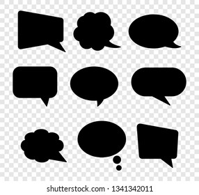 Black speech bubbles. Thought text bubble symbols, origami bubbly speech shapes. Comic dialog clouds vector set