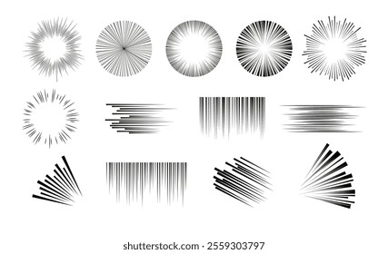 Black speed lines for comic book vector set. Pattern for Manga or anime style. Cartoon superhero action, explosion striped effect. Abstract radial, vertical, diagonal zoom and motion effects. POP art