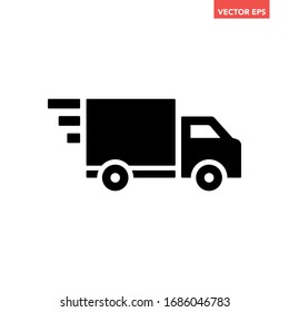 Black speed truck delivery on the way icon, simple fast on the ground shipping service van flat design pictogram vector for app ads web button ui ux interface elements isolated on white background