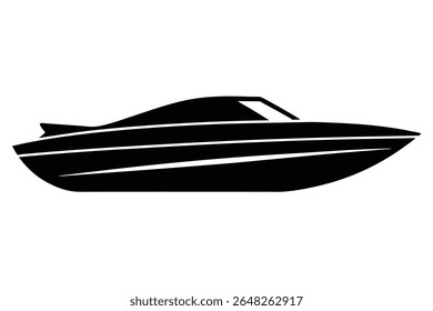 Black speedboat silhouette vector illustration against white background Three white stripes on the hull Simple graphic style