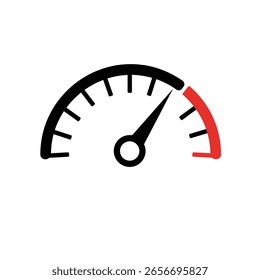 Esfera negra del velocímetro con el indicador rojo en el gráfico simple del fondo blanco
