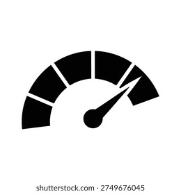 A black speedometer gauge with a needle pointing towards the high-speed end of the dial. The gauge is set against a clean white background.