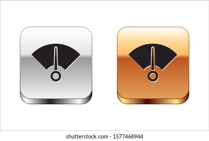 Black Speedometer icon isolated on white background. Silver-gold square button. Vector Illustration