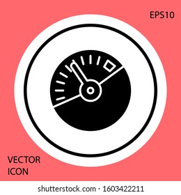 Black Speedometer icon isolated on red background. White circle button. Vector Illustration