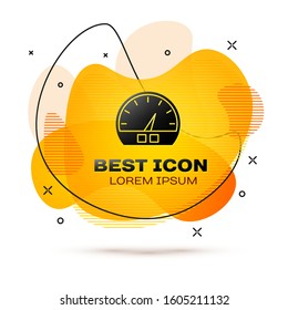 Black Speedometer icon isolated on white background. Abstract banner with liquid shapes. Vector Illustration