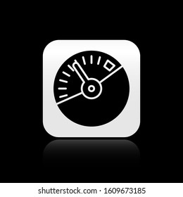 Black Speedometer icon isolated on black background. Silver square button. Vector Illustration