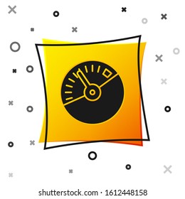 Black Speedometer icon isolated on white background. Yellow square button. Vector Illustration