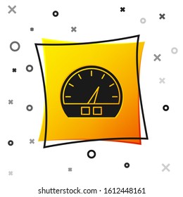 Black Speedometer icon isolated on white background. Yellow square button. Vector Illustration