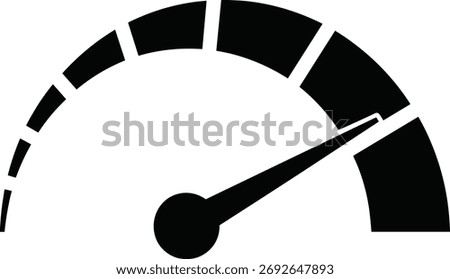 Black speedometer icon, speed gauge on transparent background. Performance indicator with pointer. Dashboard element for measurement display