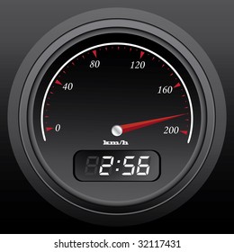black speedometer with integral timer, vector illustration