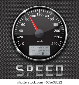 Black speedometer on metal perforated background. Vector 3d illustration