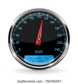 Black speedometer. Round gage with chrome frame. Vector 3d illustration isolated on white background
