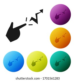 Schwarzes Zaubersymbol einzeln auf weißem Hintergrund. Die Zauberhand, die Zaubersprüche ausführt. Symbole in den Farbkreisknöpfen einstellen. Vektorillustration-Illustration