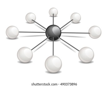 A black  sphere in the center connects the white ones. Conceptual Vector illustration