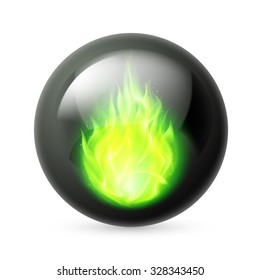Black sphere with green fire flames inside on white