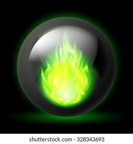 Black sphere with green fire flames inside on white