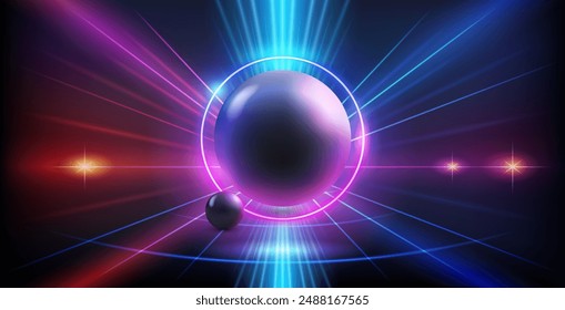 Black Sphere on Abstract Red and Blue Neon Background with Bright Ray Halo in Retro Wave Style. Vector clip art for your night party design.