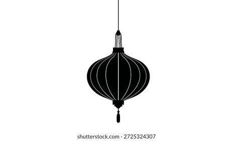 A black, spherical lantern hanging from a string, with intricate details