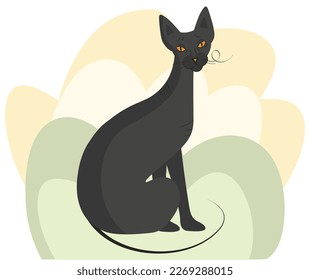 Black sphinx isolated. A graceful pensive cat sits and looks at you. Vector illustration on nature background in flat style.