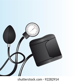 black sphygmomanometer over blue background close up vector