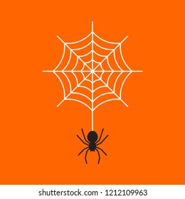 Black spider with cobweb on orange colored background.