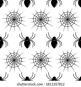 Black spider and cobweb seamless pattern. Repeated flat vector icons for Halloween.
