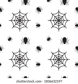 Black Spider and cobweb texture on white color background. Seamless pattern design template. Monochrome color theme vector illustration