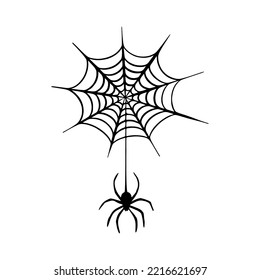 The black spider descends on the web. Scary cobweb of Halloween symbol. Vector isolated spooky background for october party and invitations. Isolated on white vector image