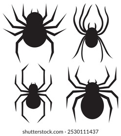 Black spider flat icon set isolated on white background.