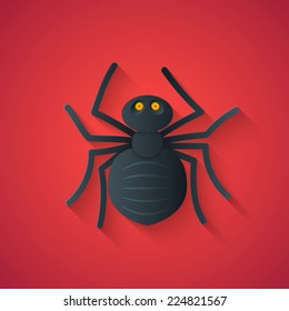 Black Spider - Funny Halloween Carton Illustration with Long Shadow on Red Background