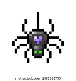 Schwarze Spinne mit grünen Augen, die auf einem Web hängt, das auf durchsichtigem Hintergrund isoliert ist. Halloween-Zeichen-Symbol. Vektorgrafik Pixel Art Illustration im 16 Bit alten Stil.