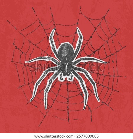 Black spider in halftone on a pixel spiderweb. Y2K photocopy effect, anti-design, mixed media collage. Grunge bitmap texture. Perfect for Halloween designs, horror projects, spooky and gothic artwork.