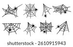 Black Spider halloween witch decoration web hand drawn doodle sketch for holiday spooky scary party. Tattoo design art with an insect bug zombie drawing.