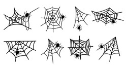 Black Spider halloween witch decoration web hand drawn doodle sketch for holiday spooky scary party. Tattoo design art with an insect bug zombie drawing.
