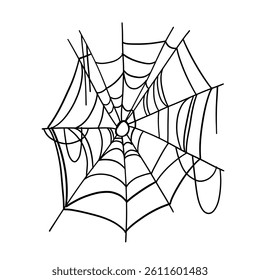 Black Spider halloween witch decoration web hand drawn doodle sketch for holiday spooky scary party. Tattoo design art with an insect bug zombie drawing.