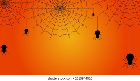 Araña negra colgando de Cobweb en fondo naranja con espacio de copia. Concepto de Halloween. Diseño para banner, afiche, sitio web, cabecera, papel tapiz. Ilustración vectorial
