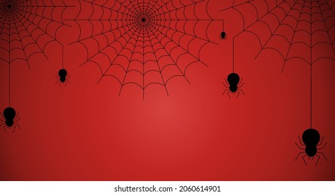 Black Spider Hanging from Cobweb on redBackground with Copy Space. Halloween Concept. Design for banner,poster,website,header,wallpaper. Vector Illustration