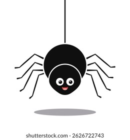 Black spider hanging on a string of cobwebs icon isolated on white background. Flat design vector illustration of cute smiling black spider hanging.