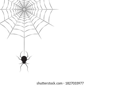 A black spider hanging on the web in the corner and free space for text or design. Halloween concept vector illustration