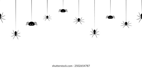 Black spider hanging in spiderwebs  background. Vector Halloween Illustration.