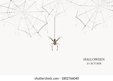 A black spider hangs on a web. Scary spiderweb of halloween symbol. Realistic  silhouette.Vector illustration.