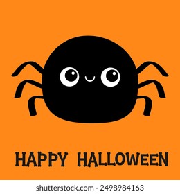 Black spider. Happy Halloween. Cute round insect icon. Cartoon kawaii funny baby character. Smiling face. Sticker Greeting card print. Childish style. Flat design. Orange background. Isolated. Vector