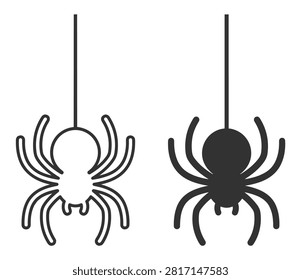 black spider icon set vector illustrations of outline and solid style hanging on thread on transparent background