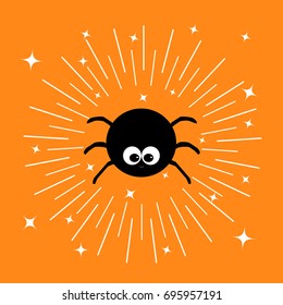 Black spider insect. Sunburst round line circle. Shining effect stars. Funny head face Big eyes. Cute cartoon baby character. Happy Halloween greeting card. Flat design. Orange background. Vector