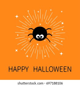 Black spider insect. Sunburst round line circle. Shining effect stars. Funny head face Big eyes. Cute cartoon baby character. Happy Halloween greeting card. Flat design. Orange background. Vector