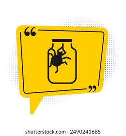 Black Spider in jar icon isolated on white background. Happy Halloween party. Yellow speech bubble symbol. Vector