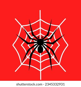 black spider logo vector illustration with white web on red background