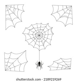 Black spider and spider net. Scary spider net Halloween vector illustration. Isolated on white background.